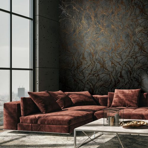 Fekete-bronz színű beton mintázatú vlies-vinyl tapéta márvány törésekkel - City Glow kollekció 34256